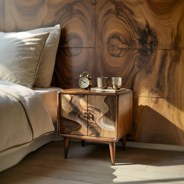 Modern Nightstand With Sculpted Doors and Cabinet Storage in Natural Wood