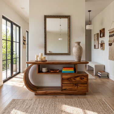 Natural Wood Console Table With Crescent Storage Base