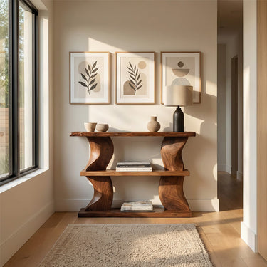 Sculptural Wood Console Table With Open Shelves for Entryway