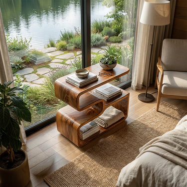 Natural Wood Side Table With Cascading Open Shelves