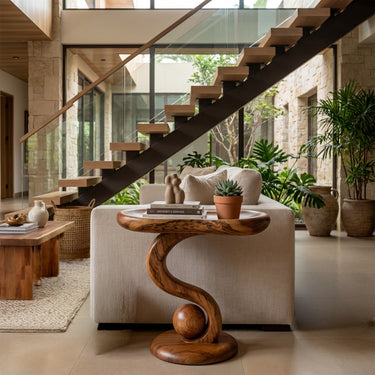 Natural Wood Side Table With Sculptural S Curve Base