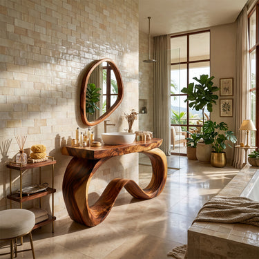 Sculptural Natural Wood Bathroom Vanity With Curved Base