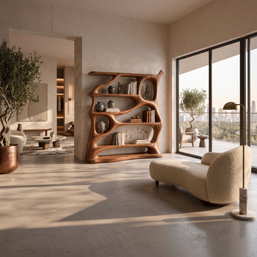 Sculptural Solid Wood Bookshelf With Asymmetrical Open Display Shelves