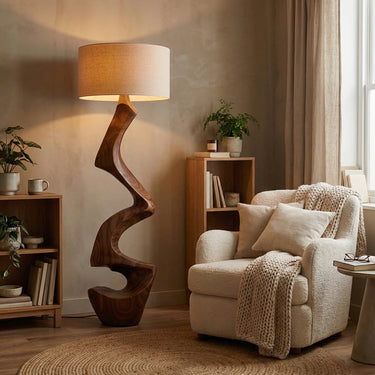 Artisan Solid Wood Sculptural Floor Lamp for Cozy Living Rooms