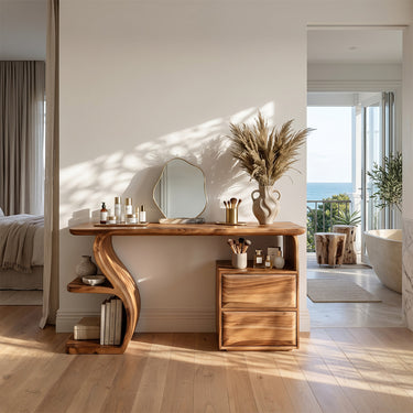Natural Wood Vanity Table With Curved Open Shelf Base