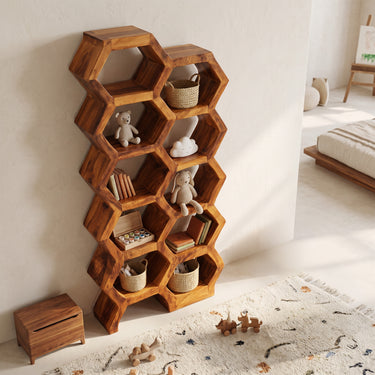 Natural Wood Honeycomb Bookshelf With Geometric Shelves