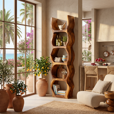 Natural Wood Bookshelf With Sculptural Wavy Frame