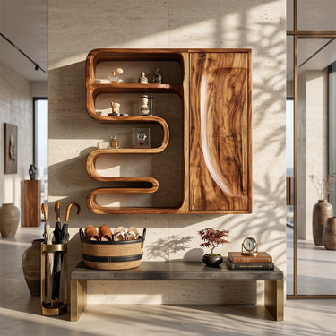 Natural Wood Coffee Bar Wall Cabinet With Curved Shelves