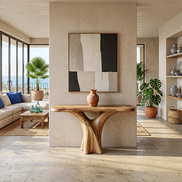Sculpted Wood Console Table with Organic Pedestal Form