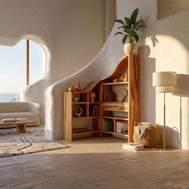 Natural Wood Corner Bookcase With Curved Open Shelves
