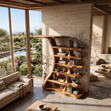 Natural Wood Tiered Bookcase With Sculptural Open Shelves