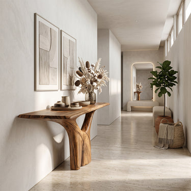 Sculptural Wood Console Table With Organic Cutout Base for Hallways