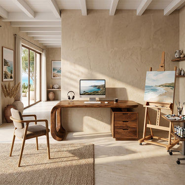 Natural Wood Desk With Loop Side And Drawer Cabinet
