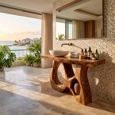 Natural Wood Bathroom Vanity With Organic Cutout Base