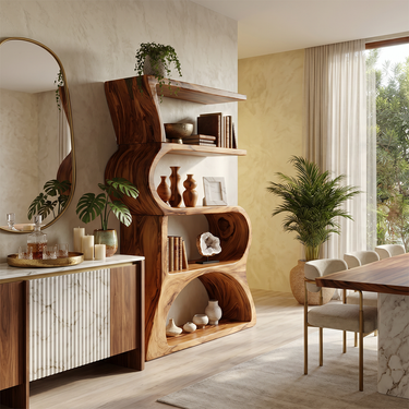 Natural Wood Bookshelf With Flowing S Curve Shelves