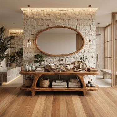 Natural Wood Bathroom Vanity With Open Shelf Base