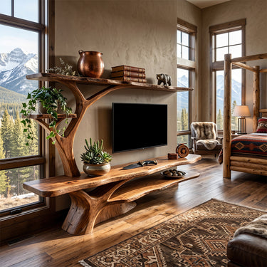 Natural Wood Media Wall Unit With Tree Form Shelving
