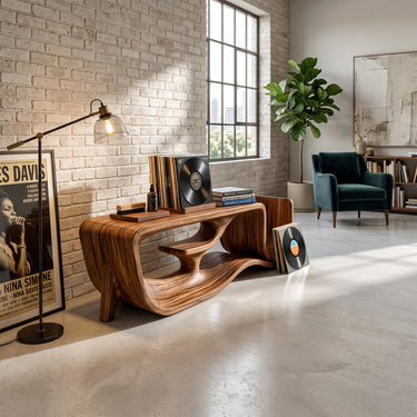 Sculptural Record Player Table With Open Frame And Vinyl Holder