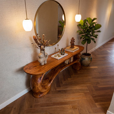 Organic Sculptural Console Table With Open Shelf Base