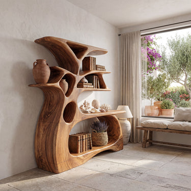 Sculptural Wood Console Table With Gallery Display Shelves