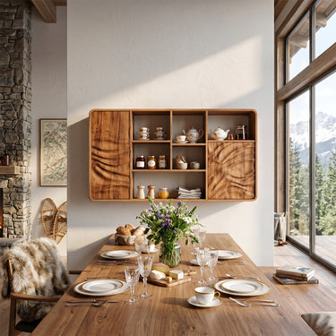 Natural Wood Floating Cabinet With Carved Doors And Cubbies