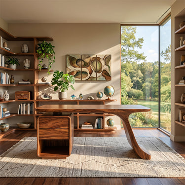 Natural Wood Writing Desk With Curved Pedestal Base