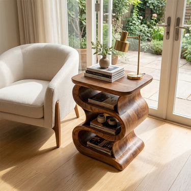 Natural Wood Side Table With Wavy Open Storage