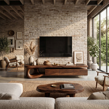 Natural Wood TV Console With Sculpted Loop Base