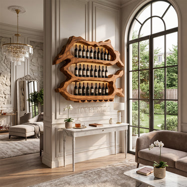 Natural Wood Wine Rack With Backlit Shelves And Glass Holder