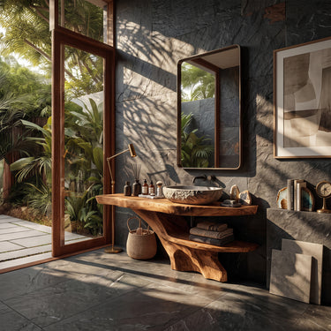 Natural Wood Bathroom Vanity With Curved Storage Shelf