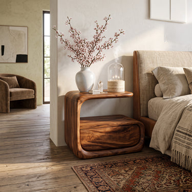 Sculptural Wooden Nightstand with Drawer and Raised Shelf