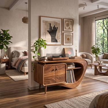 Modern Turntable Stand With Curved Cabinet And Record Compartment