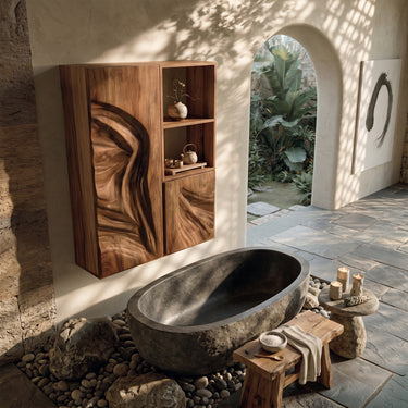 Natural Wood Kitchen Cabinet With Relief Doors And Open Shelves