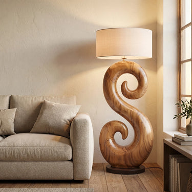 Hand-Carved Spiral Wood Floor Lamp for Contemporary Living Spaces