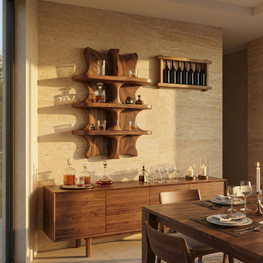 Solid Wood Wall-Mounted Whiskey Shelf with Modern Sculptural Design
