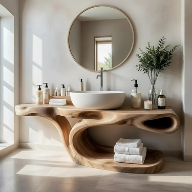 Sculptural Solid Wood Bathroom Vanity with Organic Curved Base