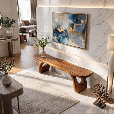 Sculptural Entryway Bench with Carved Organic Base