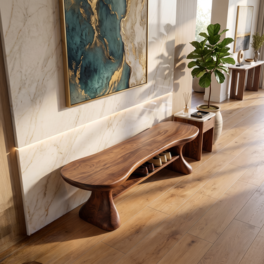 Organic Entryway Bench with Sculptural Base and Storage Shelf