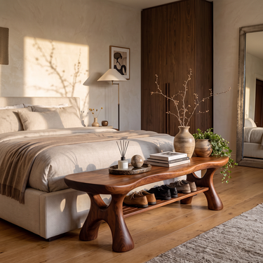 Organic Entryway Bench with Sculptural Base and Open Shelf