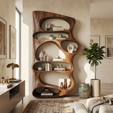 Abstract Solid Wood Bookshelf With Carved Organic Compartments