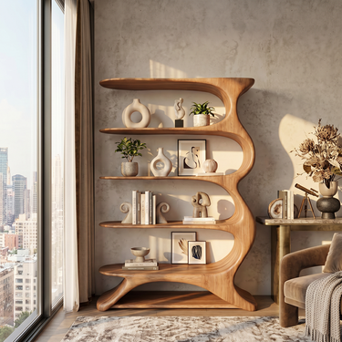 Fluid Curve Solid Wood Bookshelf With Continuous Open Shelving