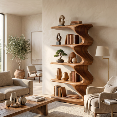 Wave Form Solid Wood Bookshelf With Vertical Sculptural Design
