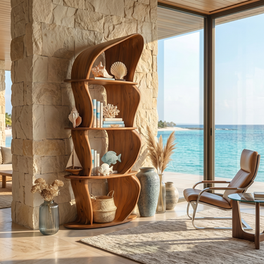 Curved Solid Wood Display Bookshelf With Sculptural Open Shelves