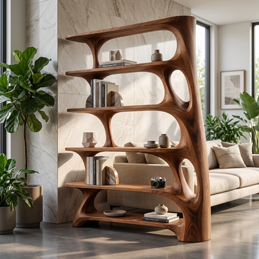 Aurevia Sculptural Solid Wood Bookshelf with Flowing Open Shelves