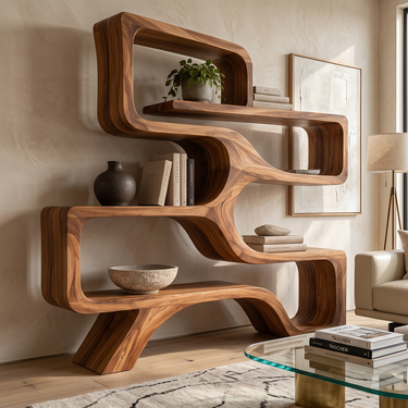 Elowen Sculptural Solid Wood Bookshelf with Curved Open Shelves