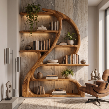 Sylvara Sculptural Solid Wood Bookshelf with Flowing Open Shelves