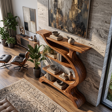 Valora Sculptural Solid Wood Bookshelf with Sweeping Open Shelves