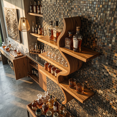 Curved Solid Wood Floating Shelf Modern Whiskey Glass Display Rack