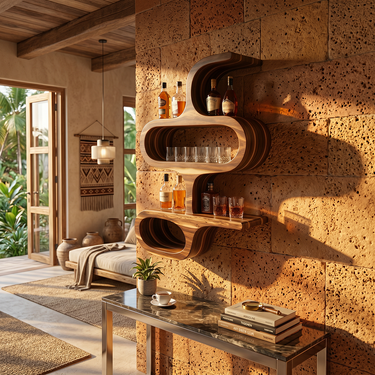 Modern Sculptural Solid Wood Wall Shelf for Whiskey Glass Display