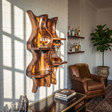 Sculptural Solid Wood Wall-Mounted Wine And Whiskey Display Shelf